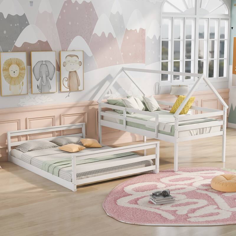 Twin Over Full House Bunk Bed with Ladder, Convertible to Two Separate Beds