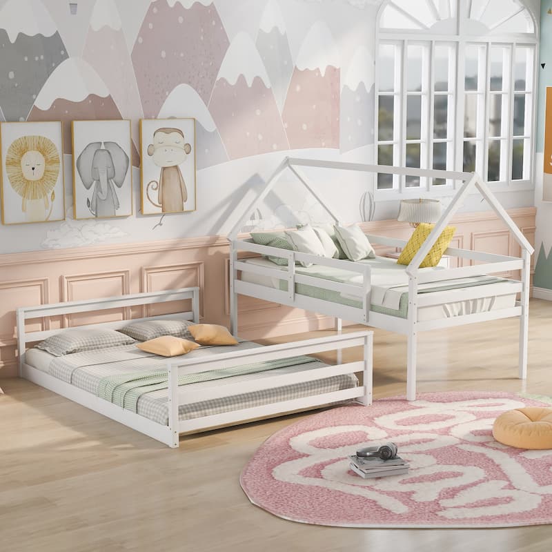 Twin Pine House Bunk Bed with Ladder and Guardrail