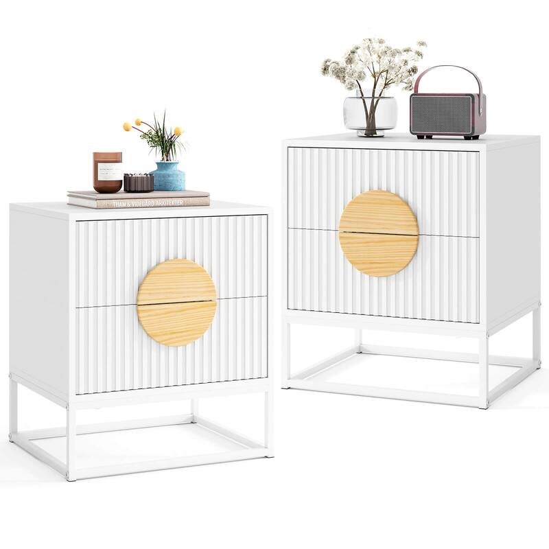 Costway 1/2 PCS Fluted Nightstand with 2 Drawers with Pine Wood