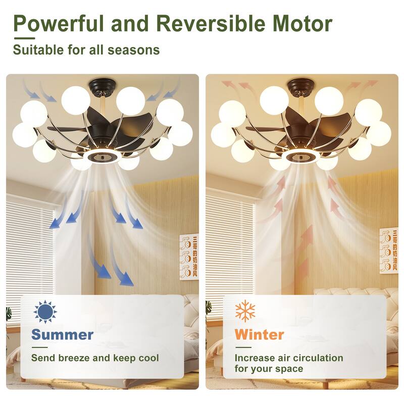 Indoor Black Modern Ceiling Fan with Light, Reversible Fandelier with Bulbs and Remote for Living Room