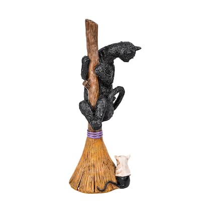 National Tree Company Halloween Tabletop Decoration, Black, Black Cat with a Broom, 13 Inches - 13 in