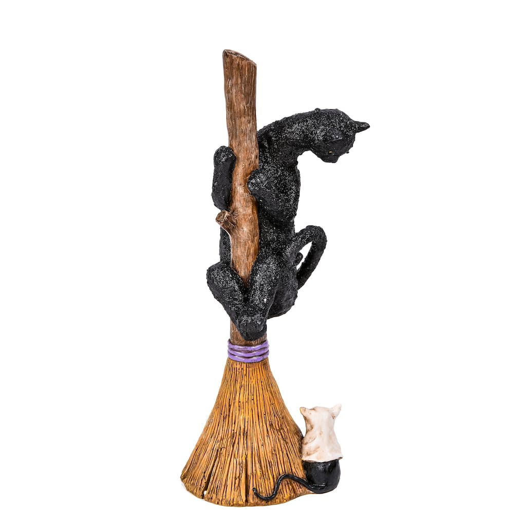 National Tree Company Halloween Tabletop Decoration, Black, Black Cat with a Broom, 13 Inches - 13 in