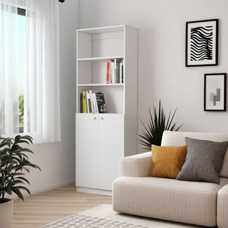 HomeRoots 71" White Wood Three Tier Bookcase with Two Doors - White