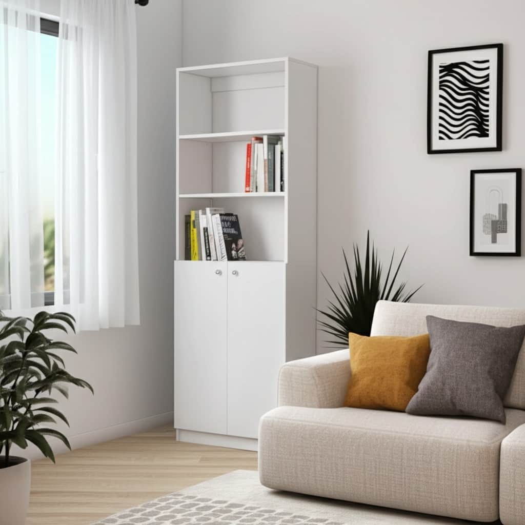 HomeRoots 71" White Wood Three Tier Bookcase with Two Doors