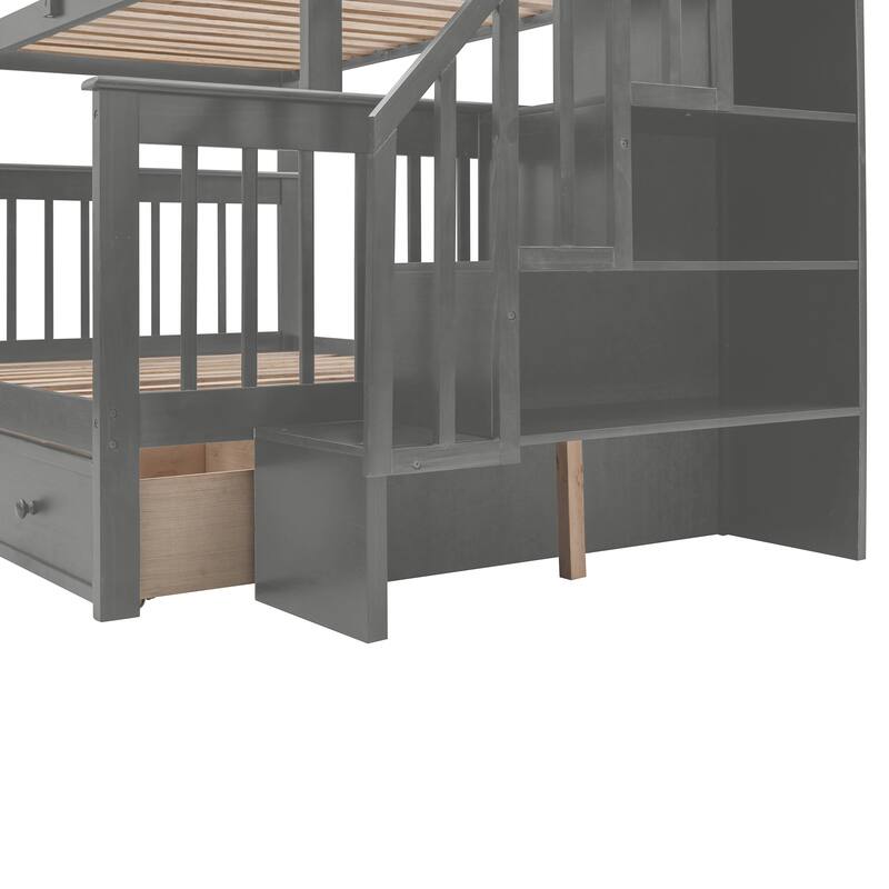 Twin-Over-Full Bunk Bed with Storage Drawer, Guard Rail, and Staircase for Bedroom or Dorm