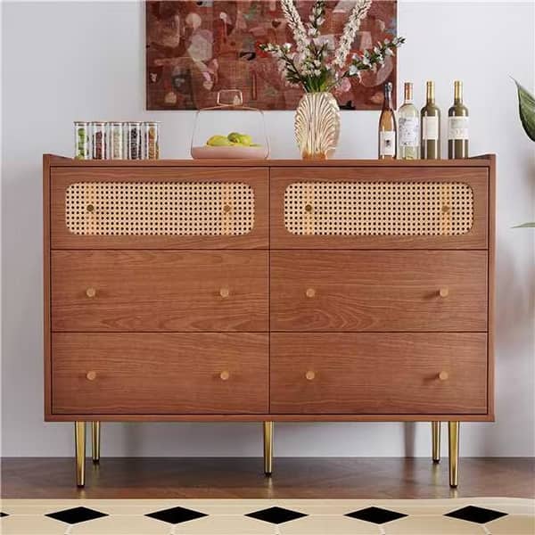 Grondin Mid-Century Modern Boho Style 6 Drawers Double Dresser, Dual Chest of Drawers with 2 Rattan Drawer Fronts - Bed Bath & Beyond - 37963370 Grondin Mid-Century Modern Boho Style 6 Drawers Double Dresser, Dual Chest of Drawers with 2 Rattan Drawer Fronts - Bed Bath & Beyond - 37963370