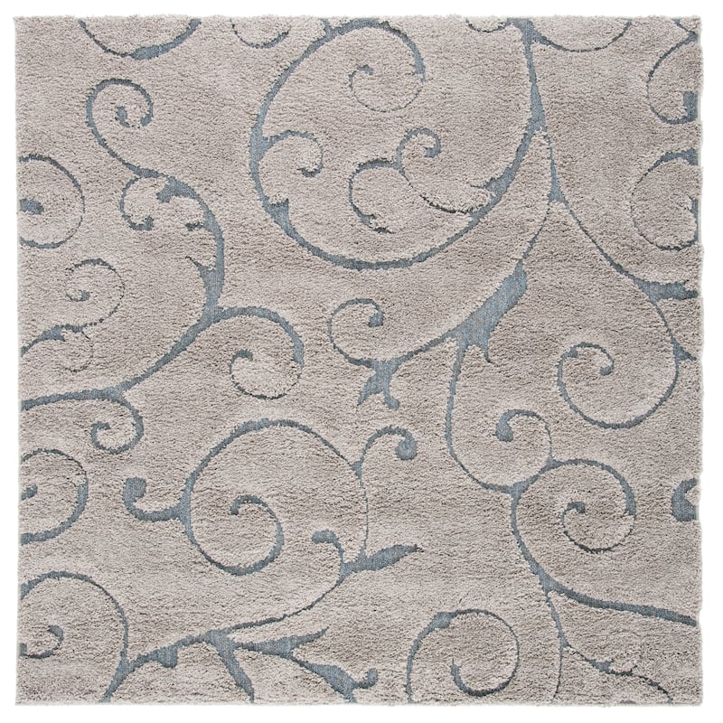 SAFAVIEH Florida Shag Shahin Scroll 1.2-inch Thick Textured Rug - 6'7" Square - Grey/Light Blue