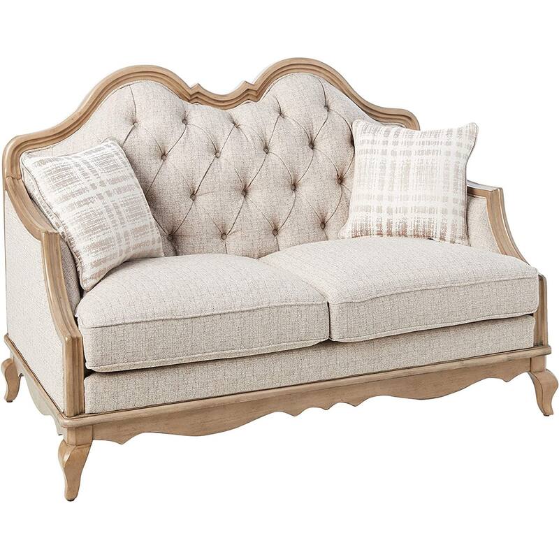 HomeRoots 62" Beige And Brown Linen Loveseat and Toss Pillows