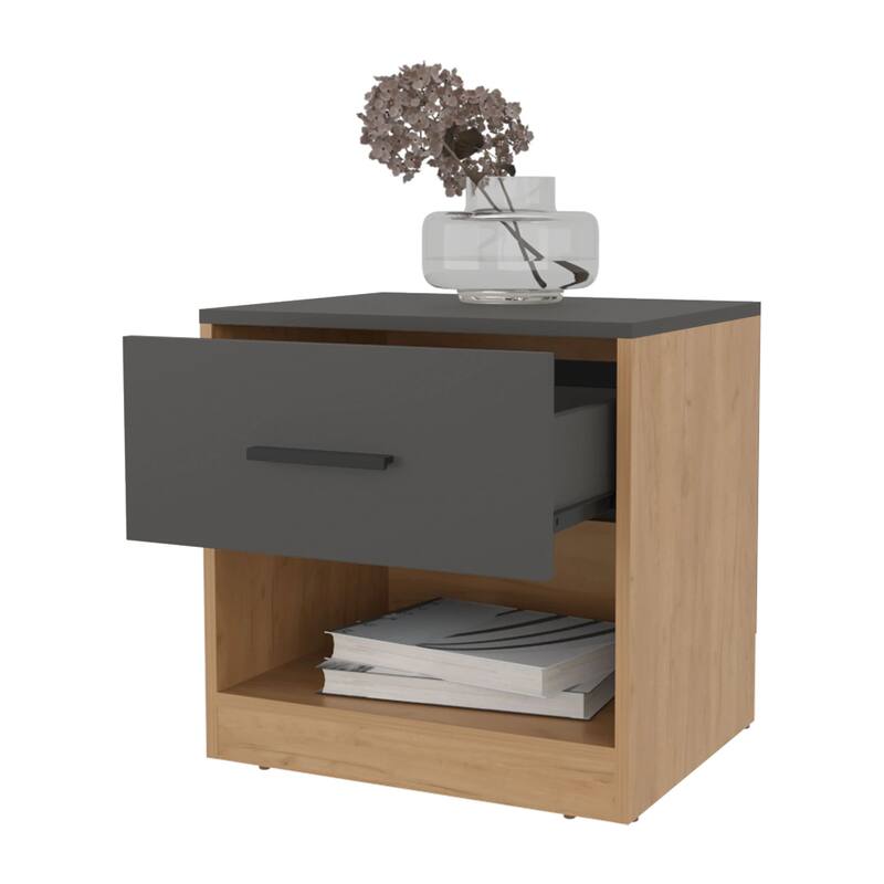 Natural Oak and Matt Grey Nightstand with Drawer and Open Shelf