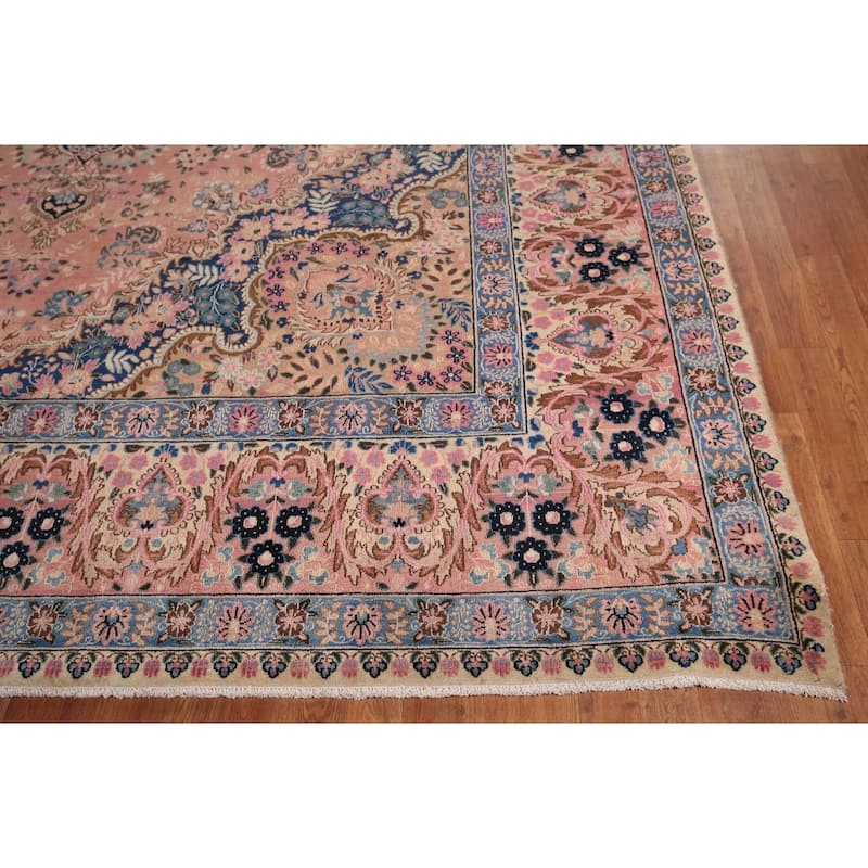 Vegetable Dye Pink Yazd Vintage Persian Area Rug Handmade Wool Carpet - 9'7" x 12'5"
