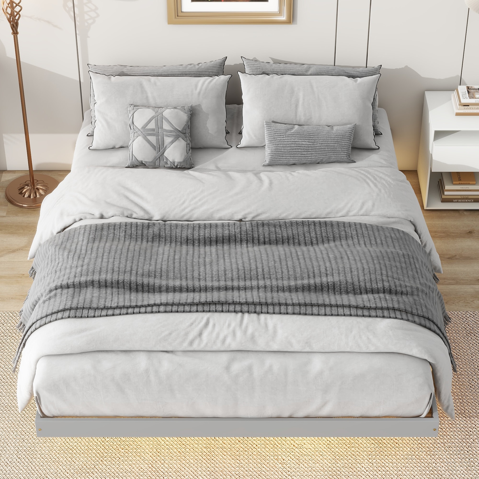 Queen Size Single Bed Minimalist Wood Bed Frame with LED Lights, Floating  Bed Low Profile Bed, Mattress Not Included Grey, image size:2000x2000