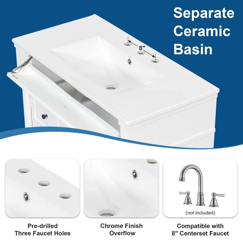 36" Bathroom Vanity with Sink, Freestanding Bathroom Cabinet with Ceramic Basin, Flip Drawer, Adjustable Shelf