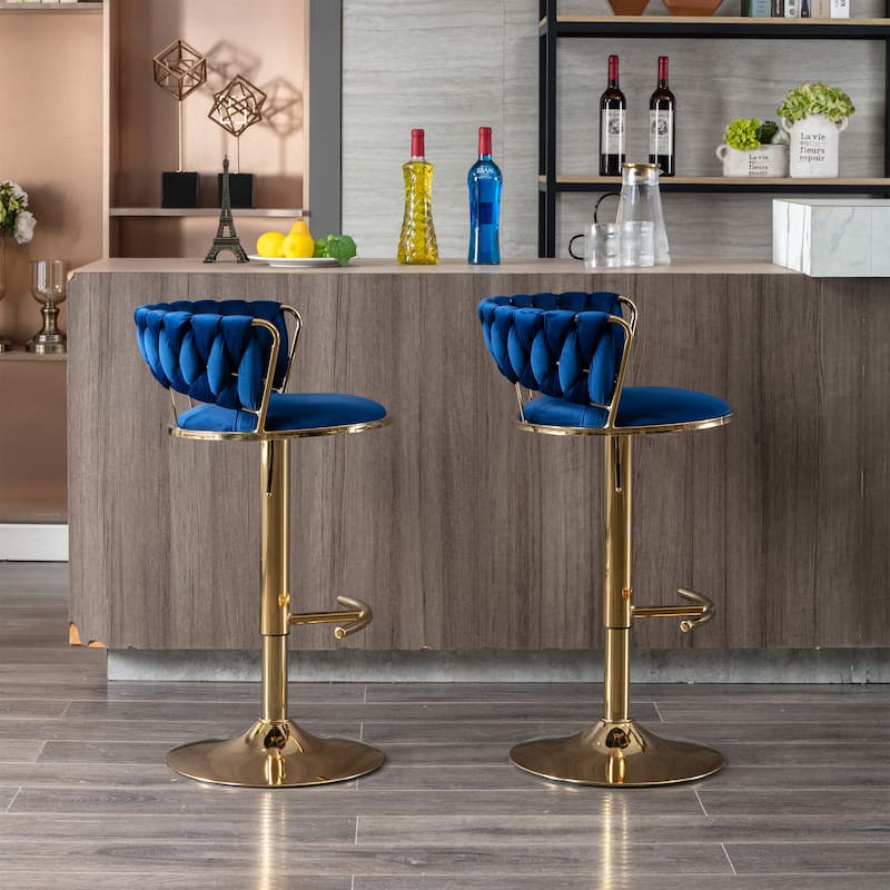 Set of 2 Adjustable Swivel Bar Stools, Blue Velvet with Chrome Footrest & Gold Legs