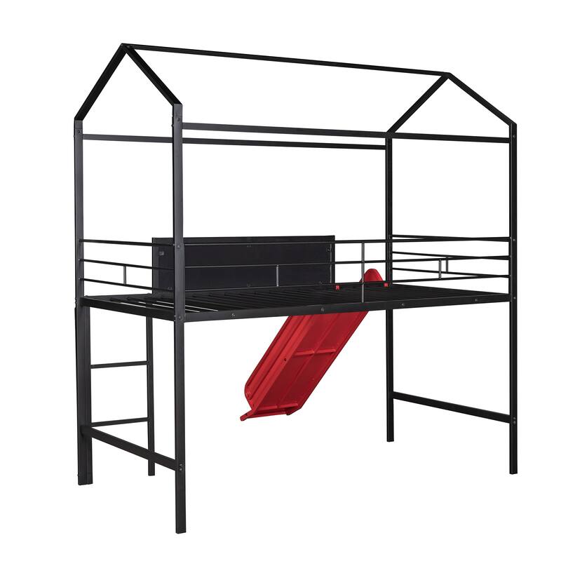 Metal House Bed Twin Size Loft Bed for Kids with Slide, Blackboard, Ladder Mosquito Net Brackets and Roof, Fun Platform Bed
