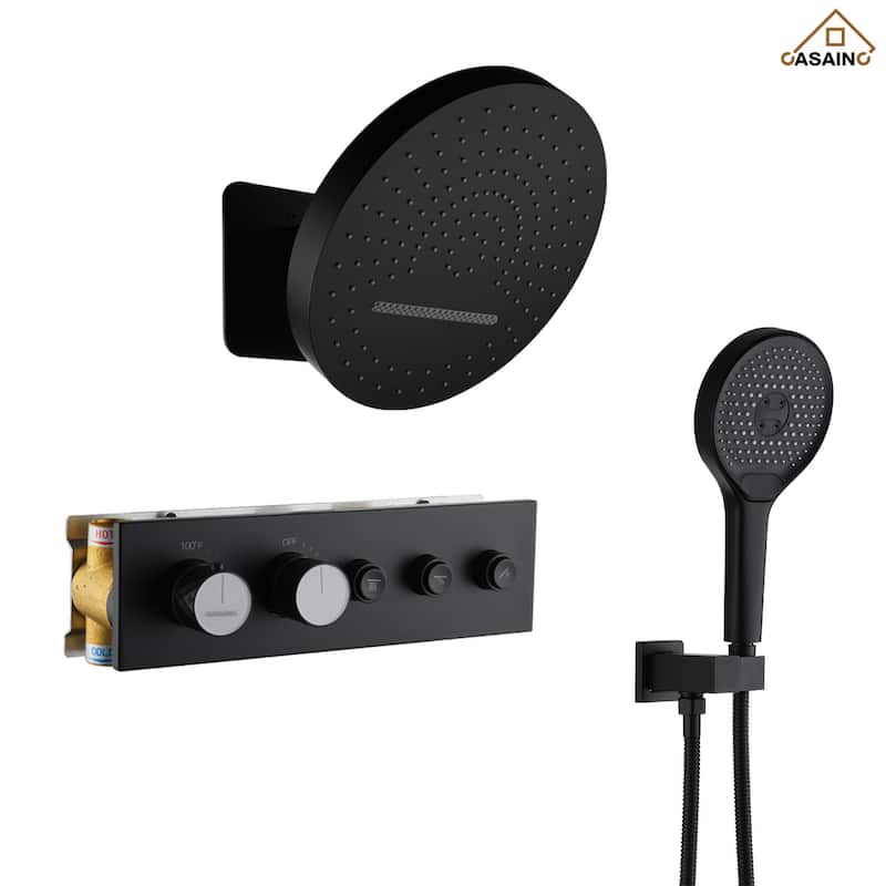 Luxury Thermostatic Shower System 5-Spray Patterns 16" Round Wall Mount Fixed and Handheld Shower Head - 15.7" x 15.7"