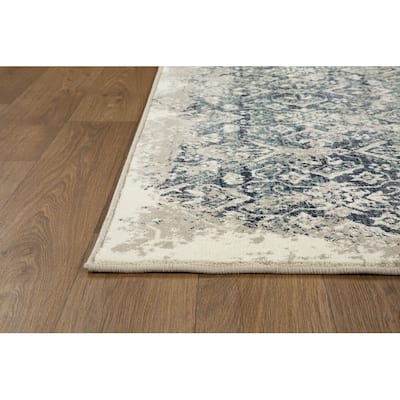 8' x 11' Beige Blue Distressed Diamonds Area Rug - 7'7" x 10.10'