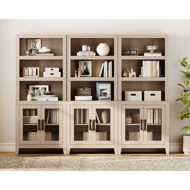 WAMPAT 3 Tier Bookshelf with Glass Door, 74" Tall Bookcase with Adjustable Shelf and Storage Cabinet, Farmhouse Wooden Bookshelf