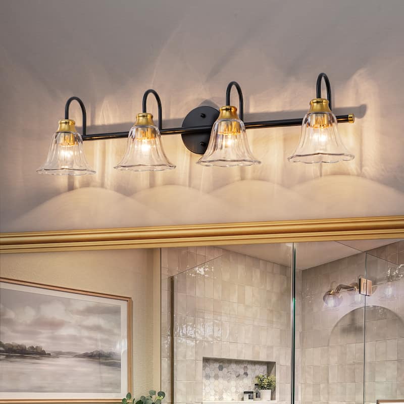 Modern Industrial 3/4-Light Bathroom Vanity Light with Clear Glass Shades - 31.1" W x 7.9" H - 4-Light