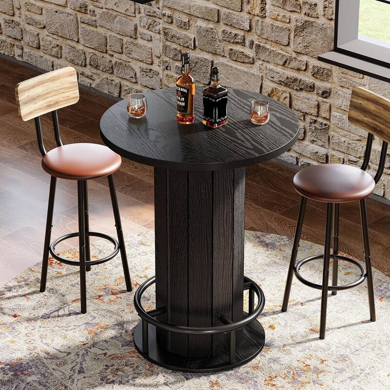 39.4 Inches Wood Round Bar Table, Bistro Pub Table with Metal Ring Footrest