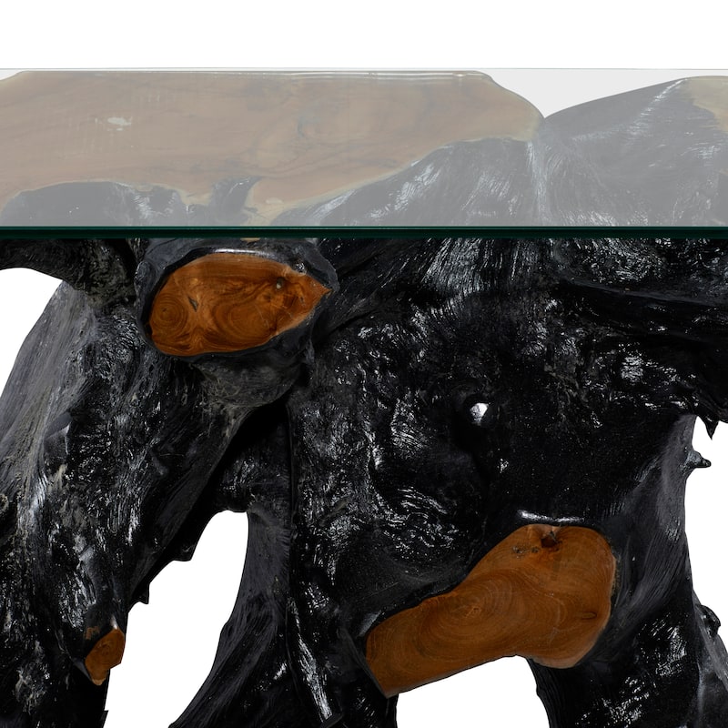 Teak Wood Handmade Live Edge Tree Stump Console Table with Clear Glass Top - Black - Roche River Decor - 16"W x 49"L x 32"H