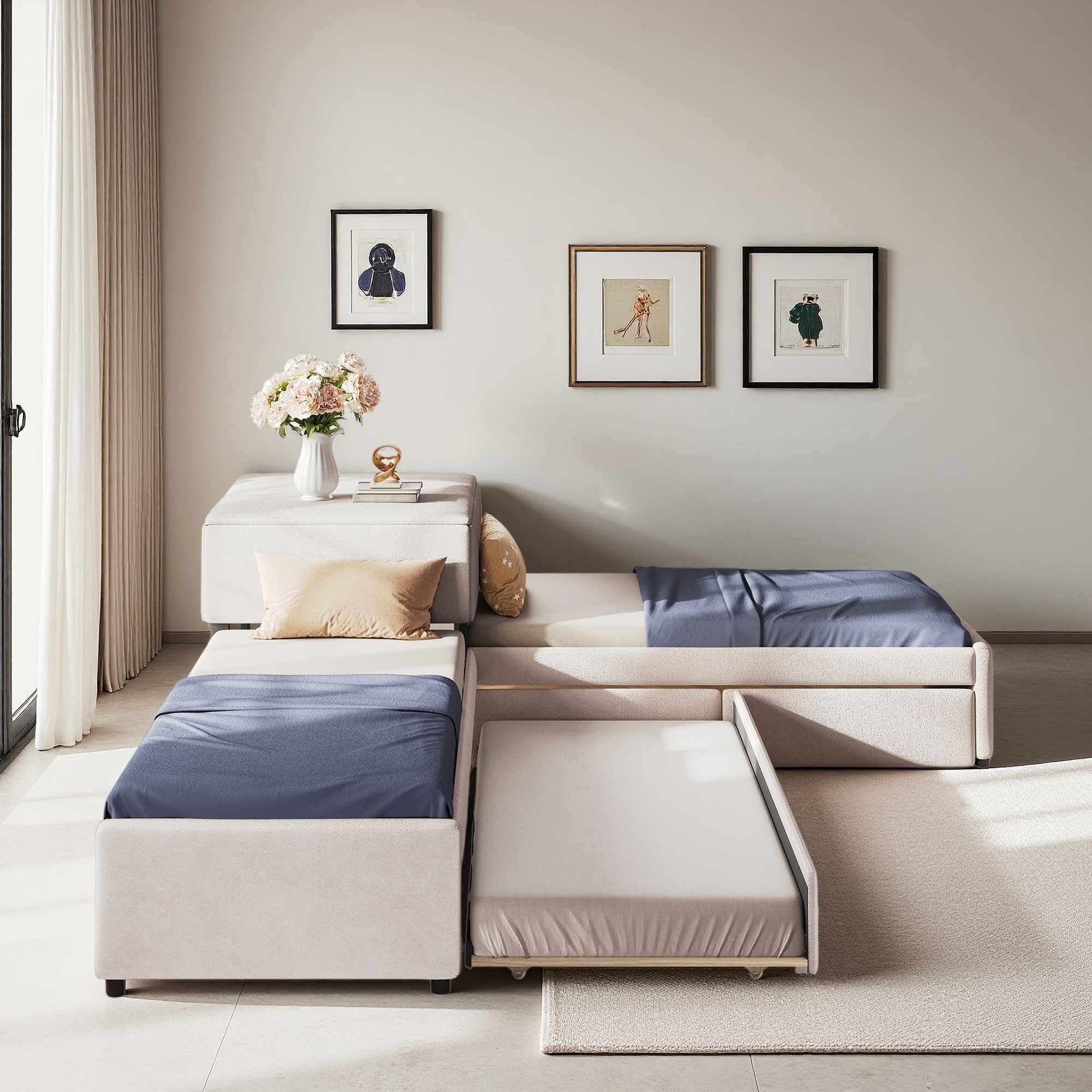 Twin Size L-Shaped Upholstered Platform Bed with Trundle, Drawers, and Built-in Desk