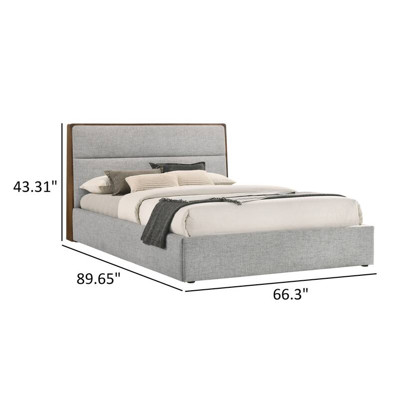 Aki Queen Size Platform Bed, Cushioned Upholstery, Gray Polyester, Walnut