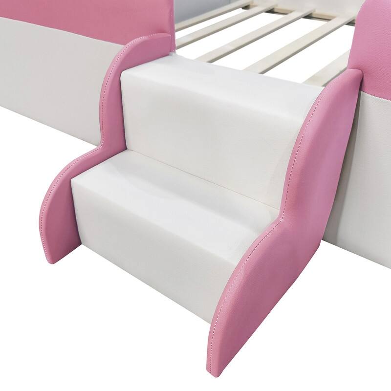 Twin/ Full/ Queen/ King Size Upholstered Kids Floor Bed Frame with Guardrail and Little Stairs, Soft PU Platform Bed