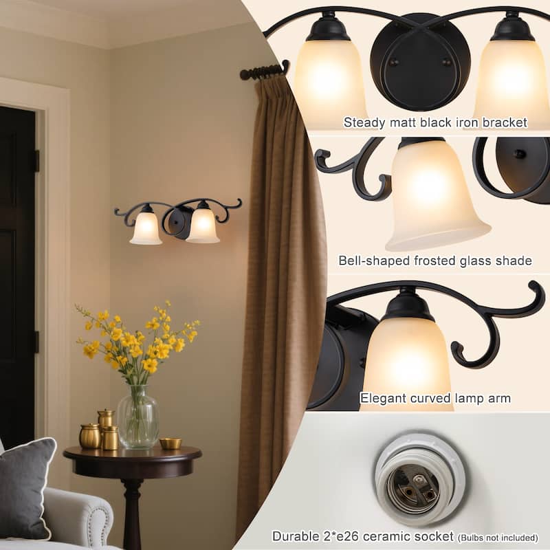 2-Light Black Scrollwork Metal Wall Sconce Frosted Bell Shade