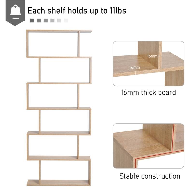 Oak Engineered Wood S-Shaped 6-Tier Bookshelves Shelf with Anti-Tip Design - 31.5" L x 9" W x 75.5" H