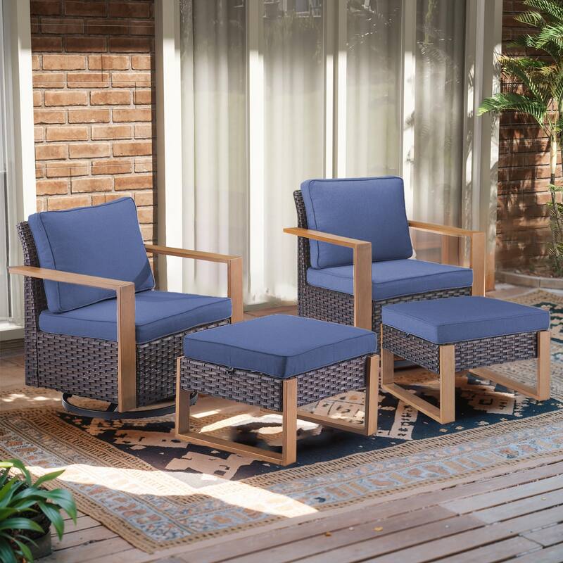 Gymojoy Outdoor Swivel Gliders Rocker Chairs with Ottomans - Brown - Brown - Blue