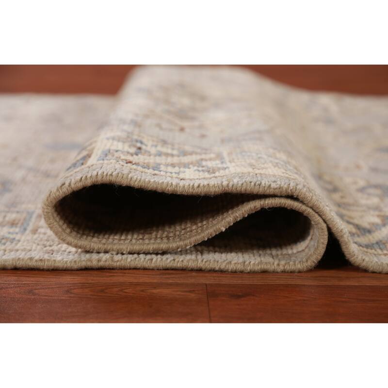 Hand Knotted Oriental 100% Wool Carpet Transitional Geometric Beige & Ivories Oushak Runner Rug - 11' 7'' X 3' 1''
