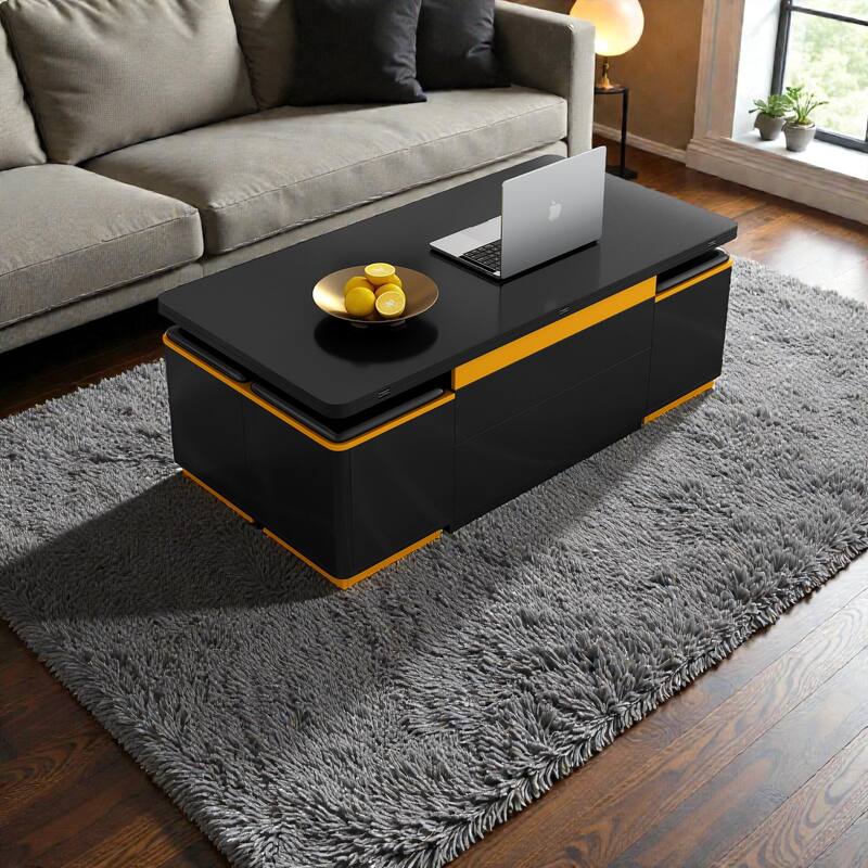 Lift Top Coffee Table with Storage Stools, High Gloss Modern Convertible Coffee Dining Table with Foldable Top
