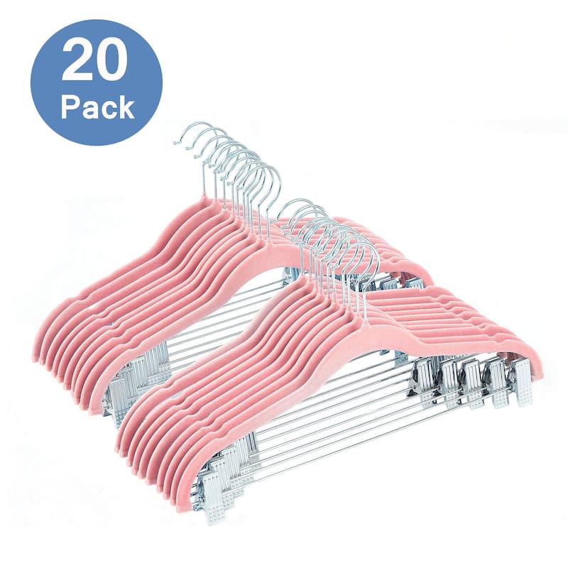 Javlergo 20-Pack Velvet Clothes Hangers, 16.5in Heavy-Duty Hangers with Adjustable Clips, Non-Slip, Space-Saving - Pink