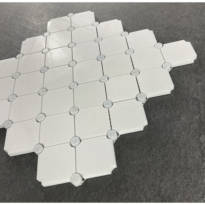 Thassos White Diamond with Blue Celeste Circle Marble Mosaic Wall & Floor Tile - 1 Case (10 Sheets)