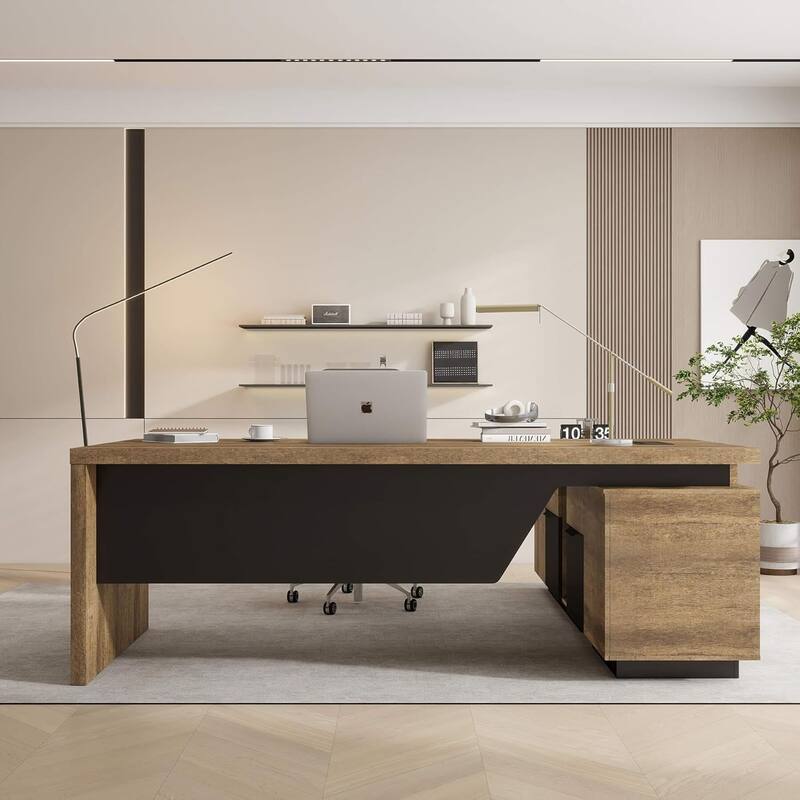 WESOME Retractable L-Shaped Executive Desk with Cable Management Drawers and Lateral File Cabinet