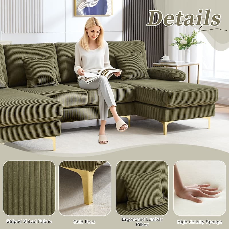 HOMEFUN Corduroy Upholstered U-shaped Adjustable Light Modular Sectional Sofa With Type-C and USB ports