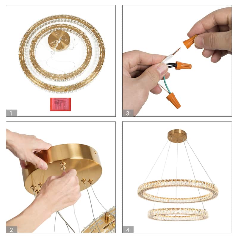 Modern LED Crystal Ring Chandelier 2-Tier Gold Lights for Dining Room