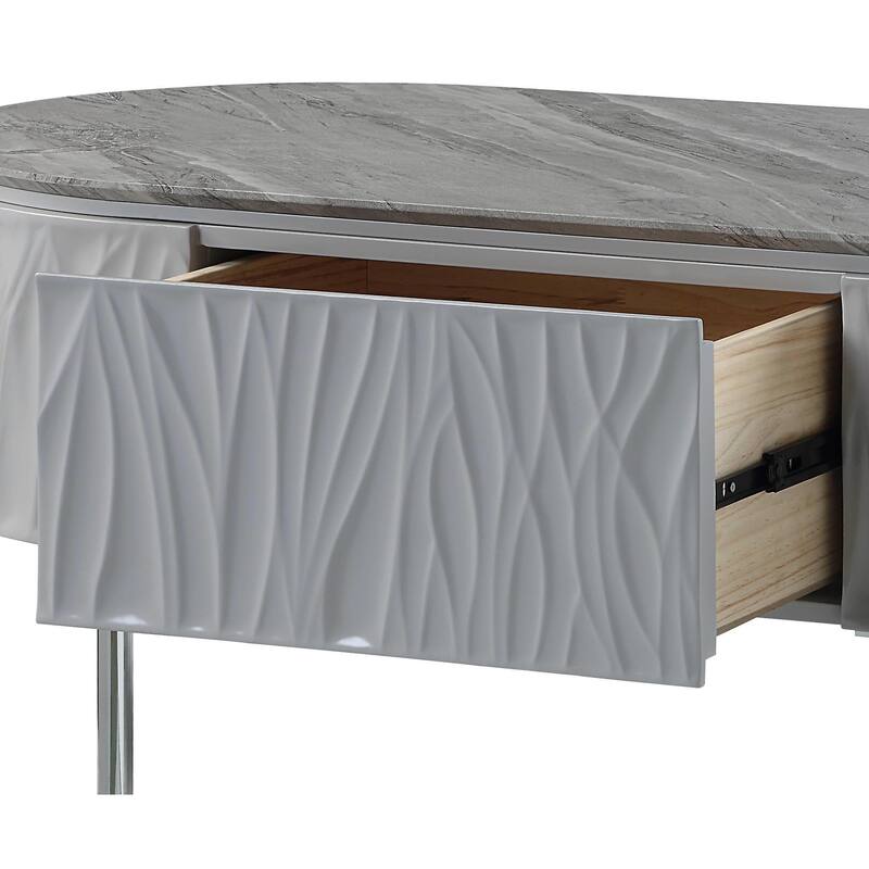 HomeRoots 47" Gray Wood and Steel Oval Coffee Table With Drawer - 47.00 in. x 18.00 in. x 24.00 in.