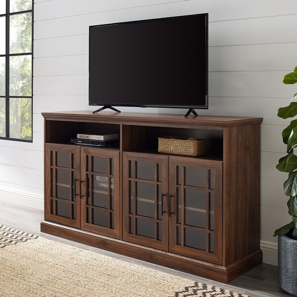Copper Grove 58" Framed Glass 4-Door TV Console. Opens flyout.
