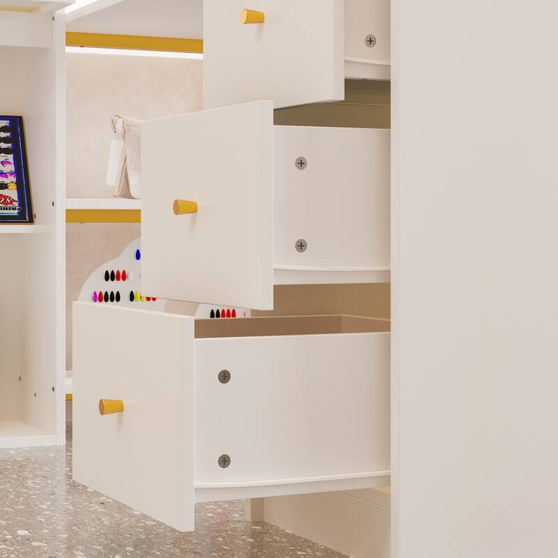 White Nail Desk with Dust Collector, Glass Shelf & Gold Handles – Manicure Station for Salon and Home