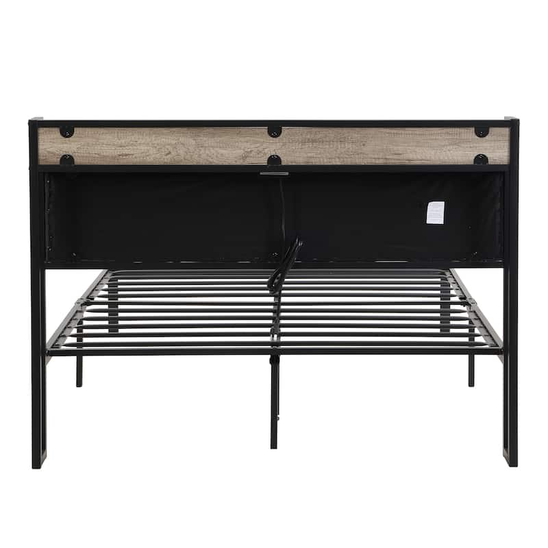 Beige+Black+Grey Queen Size Metal Platform Bed with Upholstery Storage Function Headboard and Usb Liner
