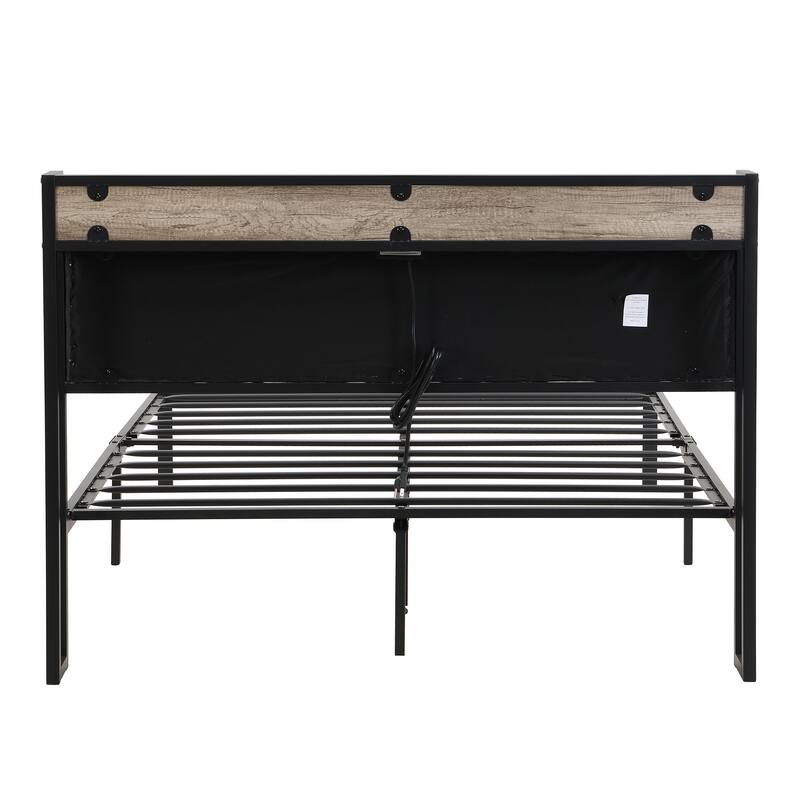 Queen Size Metal Platform Bed with Upholstered Storage Function Headboard & USB