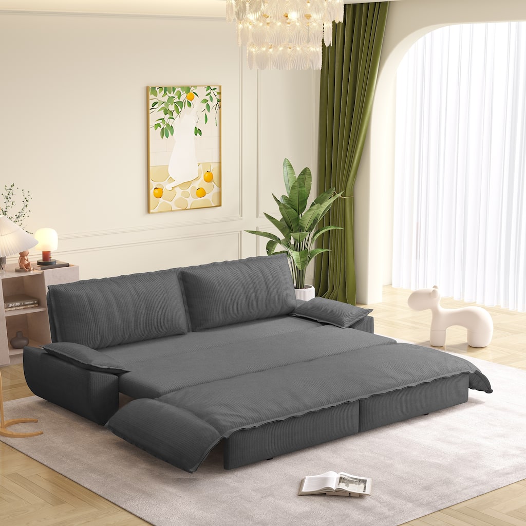 73.2" Queen Pull Out Sofa Bed, 3-in-1 Convertible Sleeper Sofa, Multi-Functional Corduroy Loveseat Bed - Grey