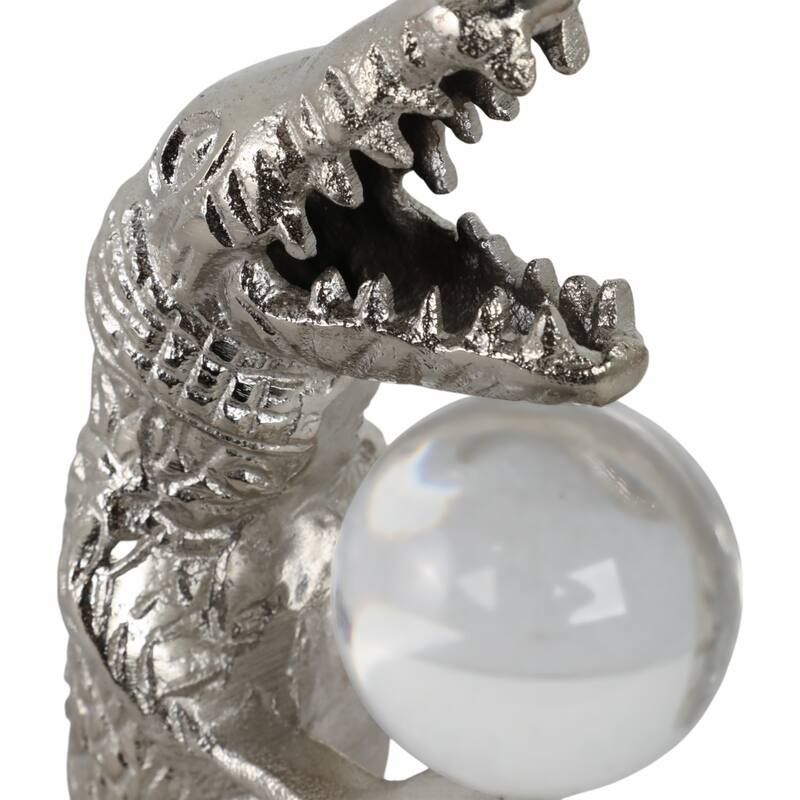 Metal Glass Alligator Figurine Holding Acrylic Clear Orb - 11" Silver - 6.5" x 5" x 10.5"