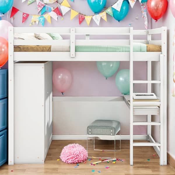 slide 2 of 34, Artsy Wood Full Size Loft Bed with Built-in Wardrobe, Desk, Storage Shelves, Safety Guaranteed and Drawers, Large Space, White White