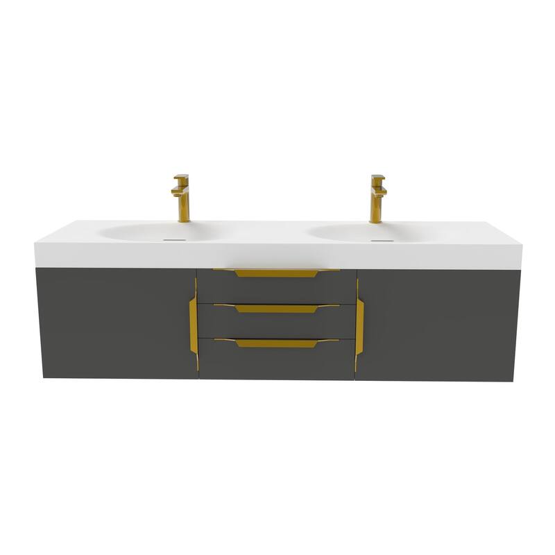 Thames 60" Shallow Basin Wall Mounted Bathroom Vanity Set w/ White Top - Black - Gold Finish