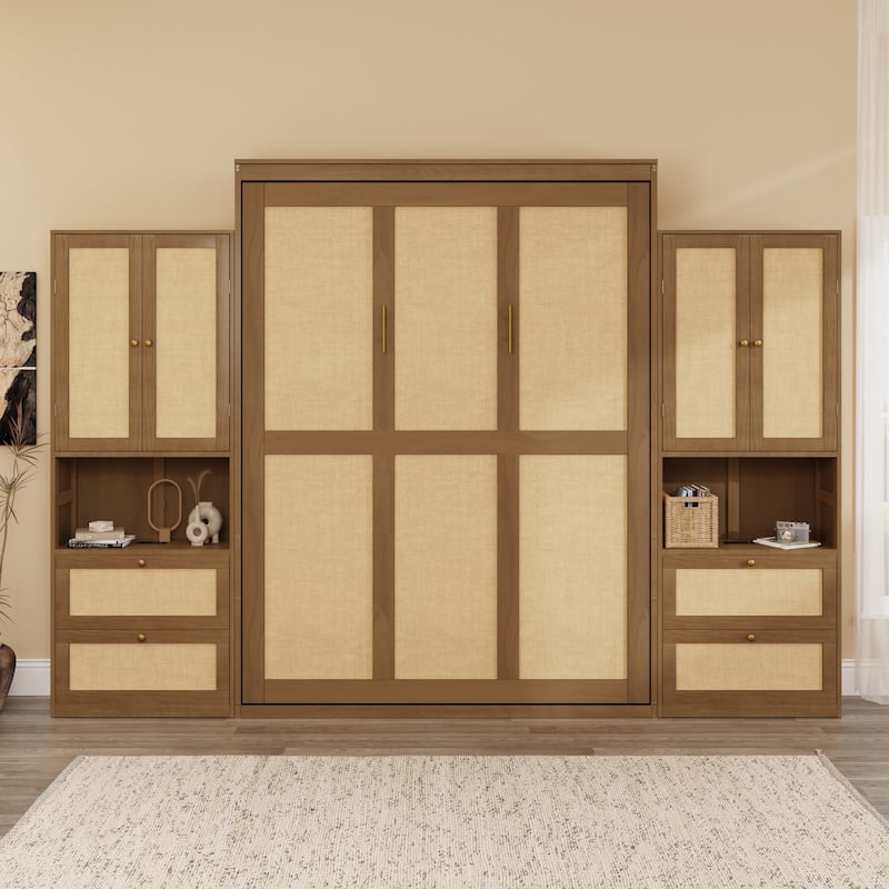 Foldable Bed Convert Cube Cabinet Rattan Murphy Bed Space-Saving Bed - Walnut with 2 Cabinet - Queen