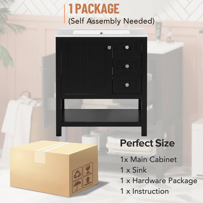 Freestanding Bathroom Vanity Storage Cabinet with Vertical Stripe Groove Decoration, Open Storage, Door Storage and Drawers