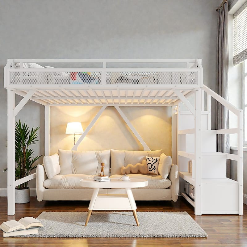 Metal Loft Bed with Storage Stairs, Wardrobe and Shelves, USB Ports and LED Lights, Noise Reduced Frame - White - Queen