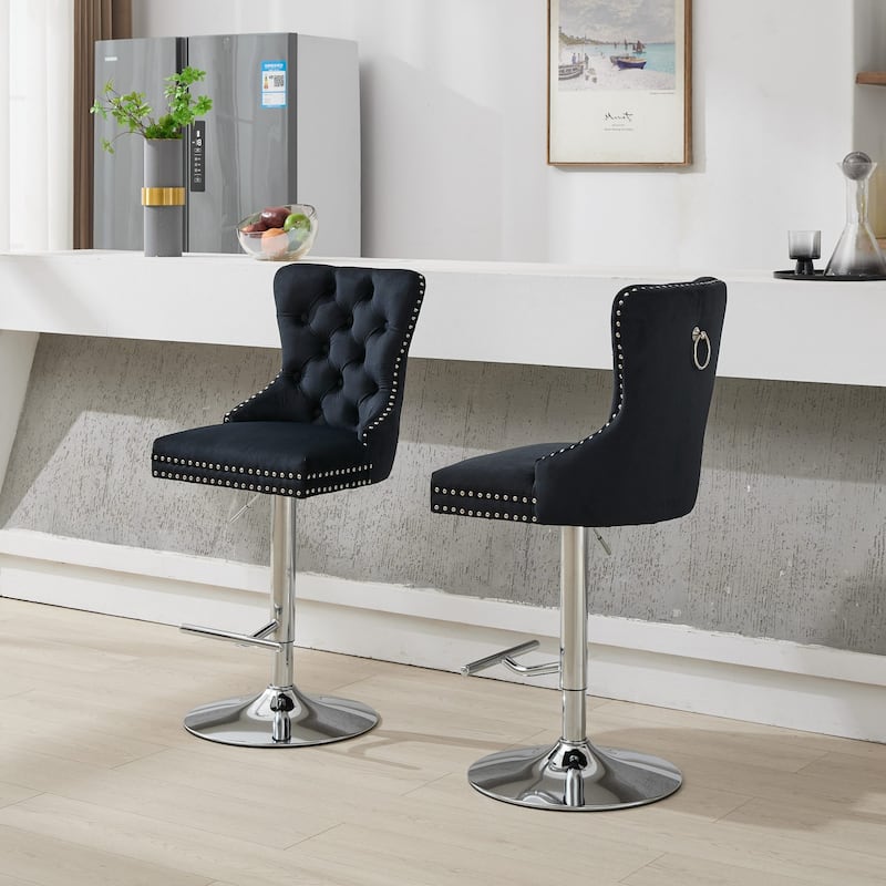 Adjustable Swivel Bar Stools Set of 2, Velvet Tufted Counter Height Bar Stools, Bar Chairs with Nailheads Trim & Back